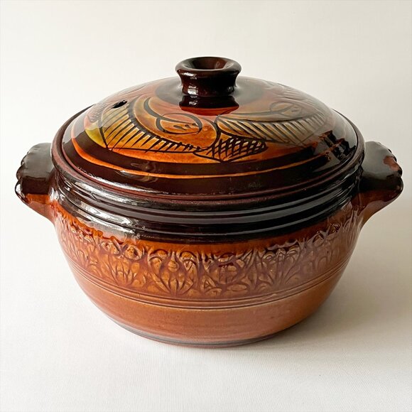 Vintage Terracotta Clay Casserole Pot with Lid Large Rustic Ceramic Cooker - Picture 1 of 6